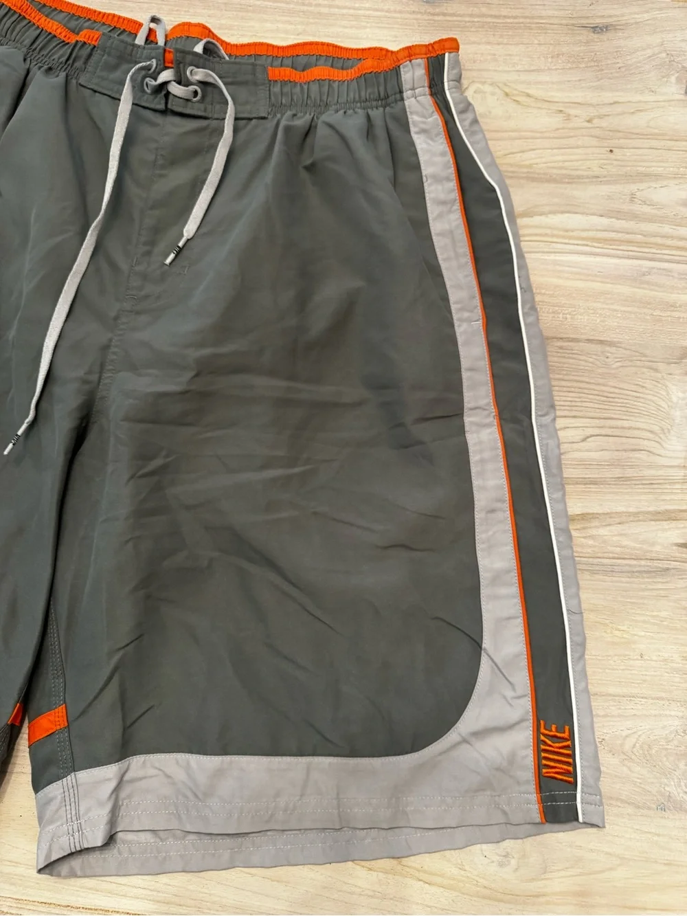 Nike Men's Y2K Black and Gray Athletic Swim Shorts with Orange Trim
